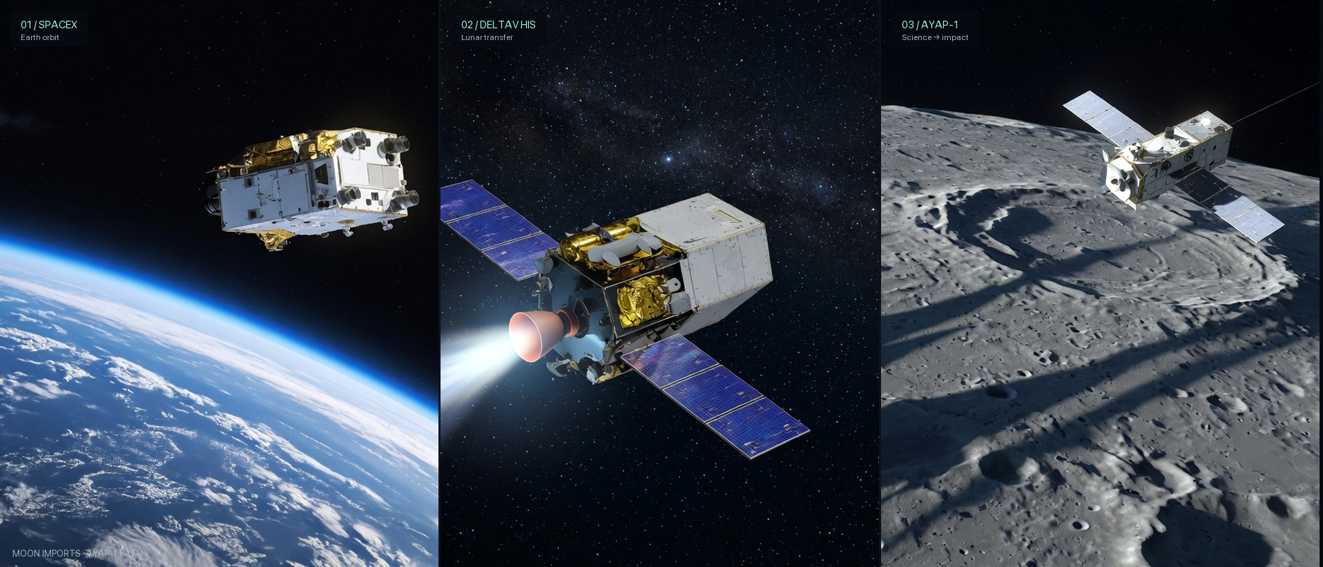 Three scenes for AYAP-1: SpaceX Earth orbit handoff; DeltaV HIS lunar transfer; polar science orbit then planned hard impact on the TÜBİTAK TstarD-100 bus for TUA.