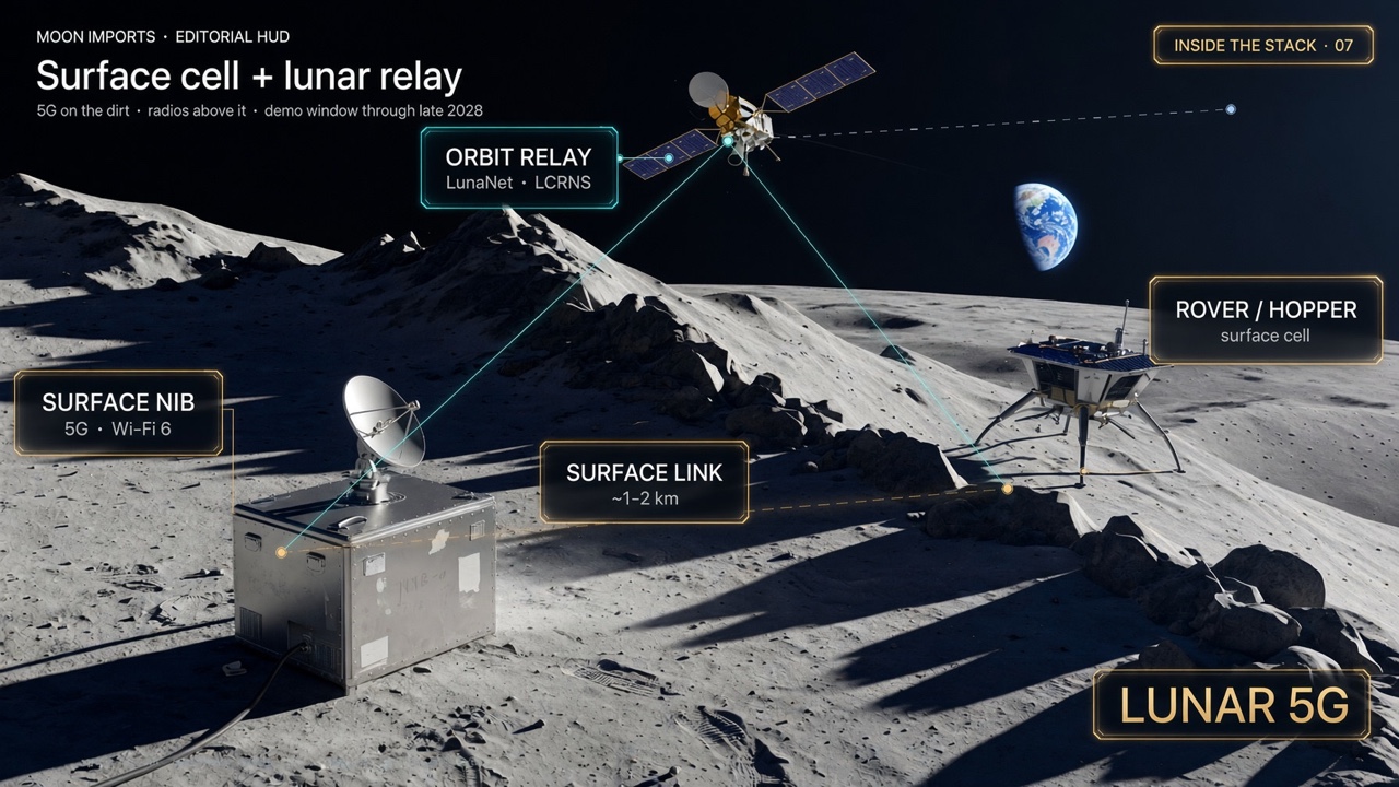 Editorial HUD: unmarked surface Network-in-a-Box (5G · Wi-Fi 6) linked ~1–2 km to a rover/hopper, orbit relay above with LunaNet · LCRNS, Earth on the horizon.