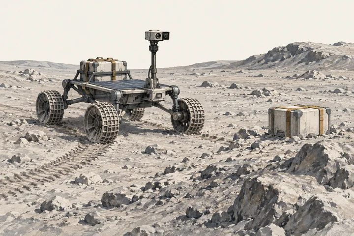 Illustration of a generic cargo rover surveying terrain beside a delivered equipment crate.