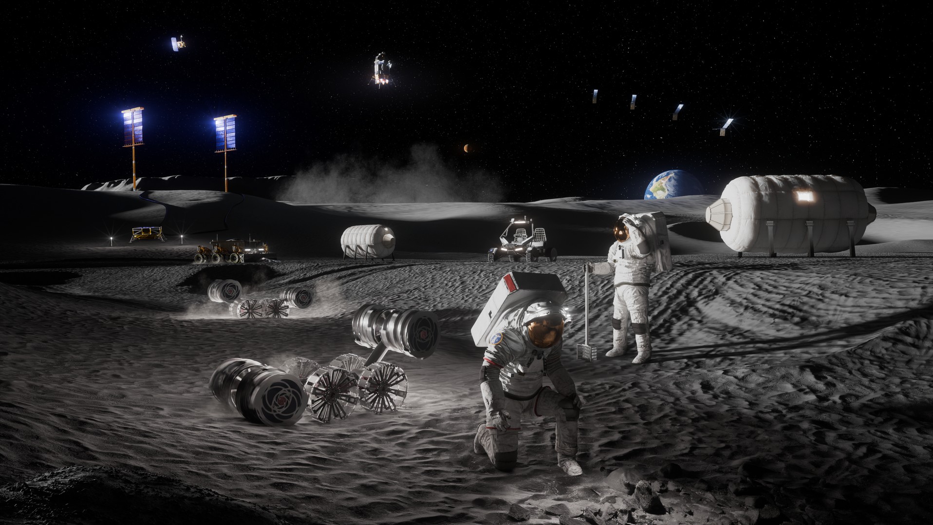 NASA artist rendering of a Moon Base near the lunar south pole. Habitats and surface equipment sit on the regolith, with rovers, tall solar arrays, and landed cargo vehicles.