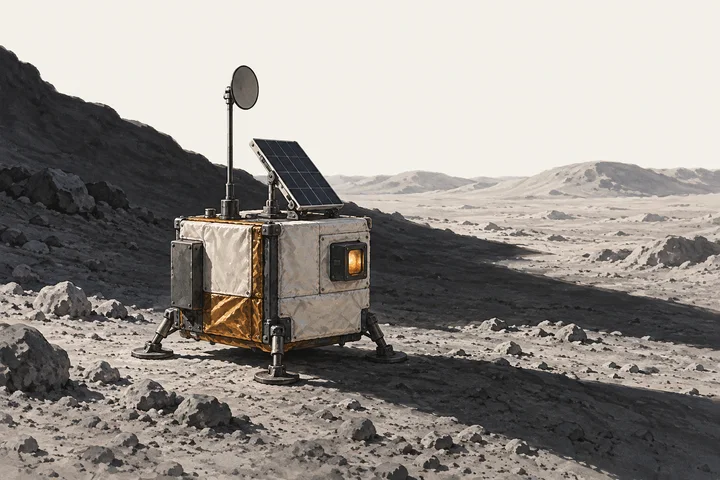 Illustration of an insulated instrument package beside a shadowed lunar slope.