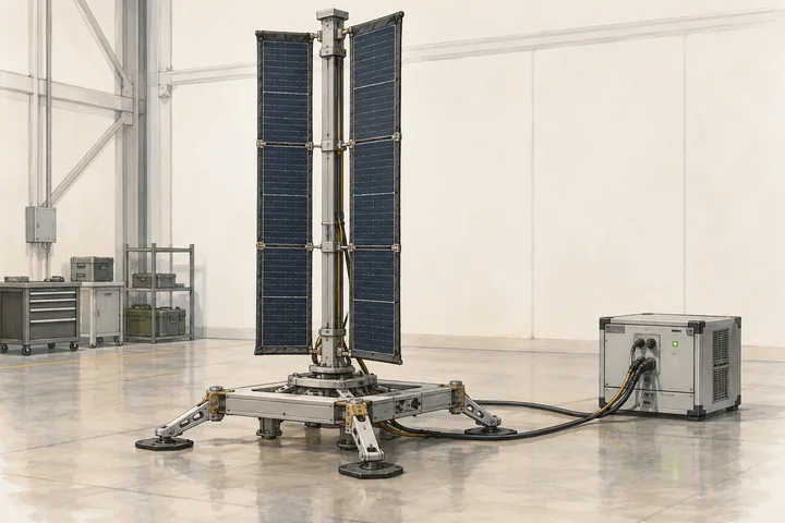 Illustration of a generic deployable solar mast connected to a power test box in an Earth laboratory.