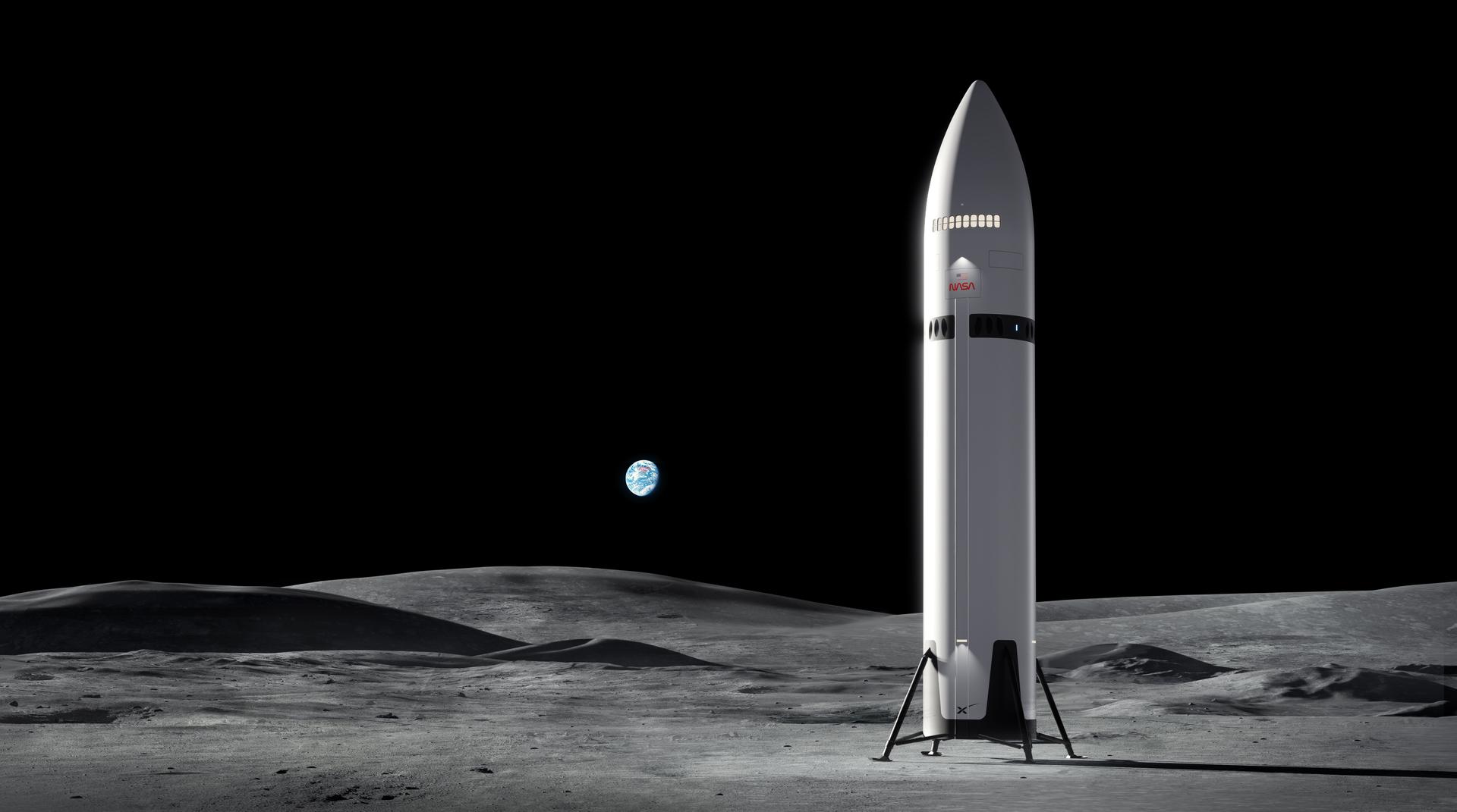 NASA concept art of a SpaceX Starship human landing system standing on the lunar surface with Earth in the sky.