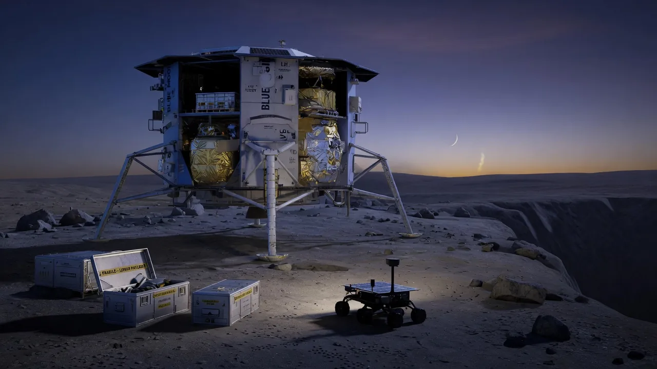 Blue Moon MK1 cargo lander on a south pole ridge at dusk.